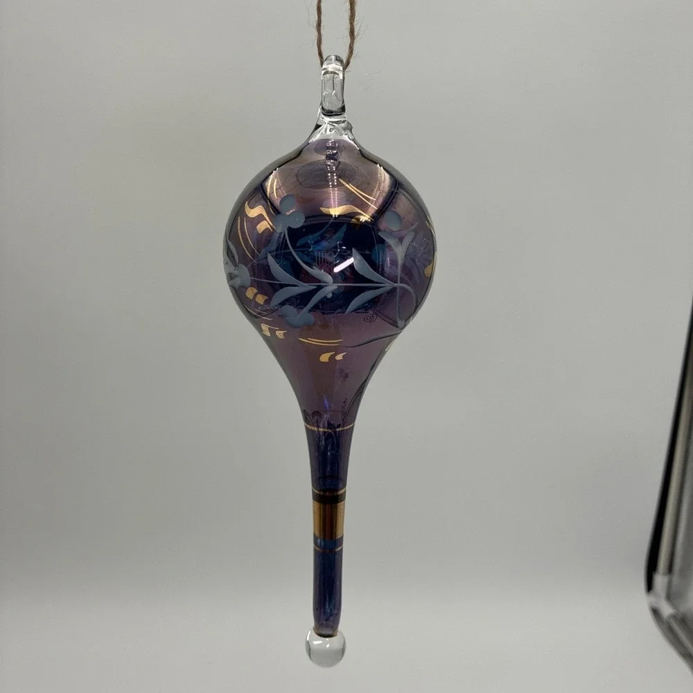 Vintage Purple Iridescent Hand Blown Glass Teardrop Ornament Gold Floral 8.5